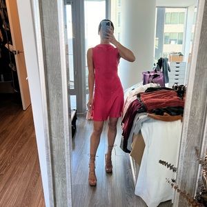 Hammered satin cowel neck mini dress, zip closure